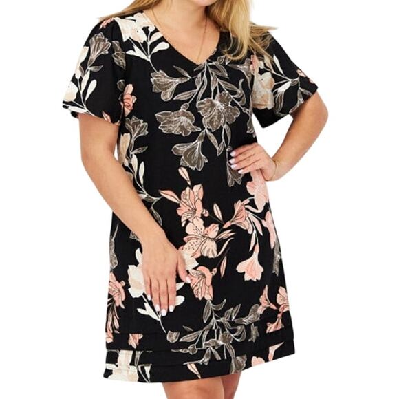 Nicole Miller Dress M Black Linen Blend Floral Summer Boho Chic Resort Tropical - Picture 1 of 16